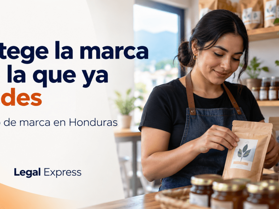 Propietaria de un pequeño negocio preparando sus productos. La imagen dice: «Protege la marca con la que ya vendes. Registro de marca en Honduras».
