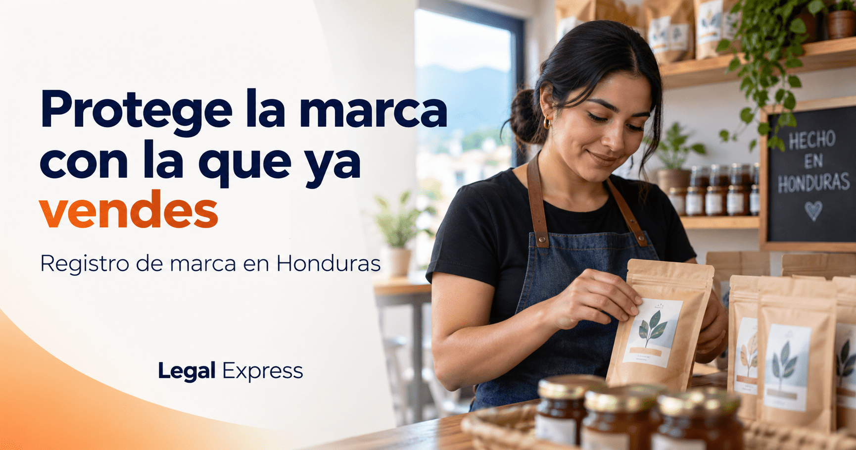 Propietaria de un pequeño negocio preparando sus productos. La imagen dice: «Protege la marca con la que ya vendes. Registro de marca en Honduras».